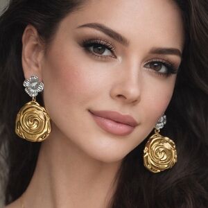 Artistic Rose Statement Earrings – Two Tone Gold & Silver Floral Drop Earrings
